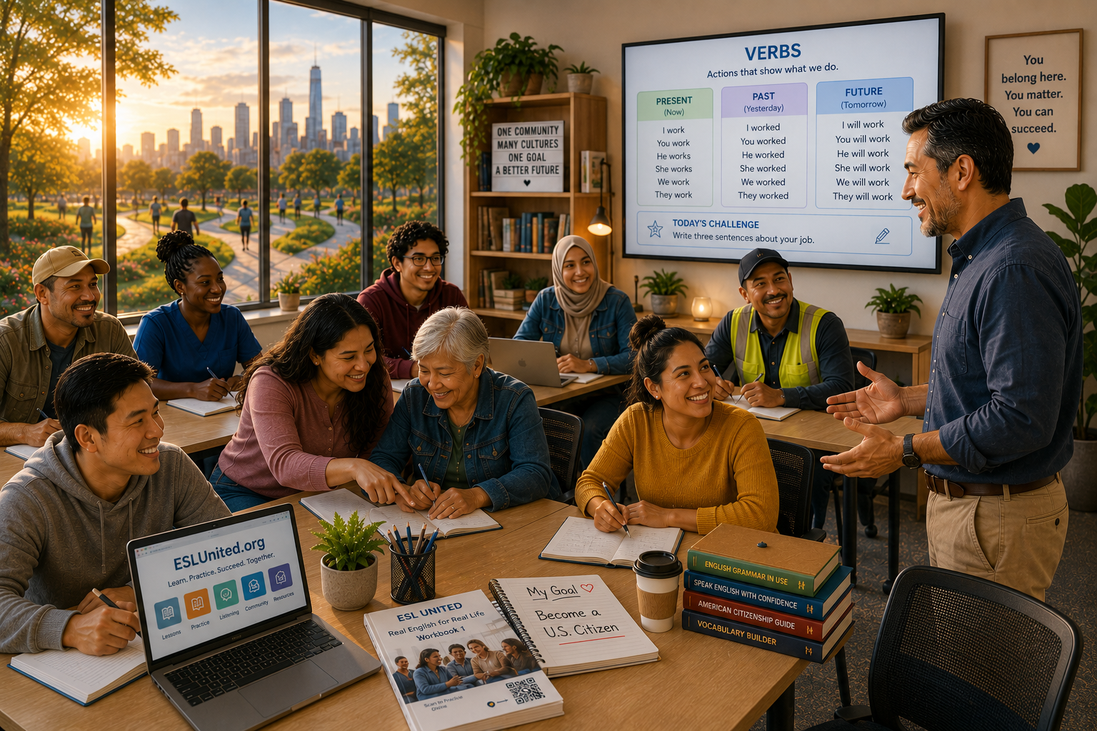 Adult English learners working together in a welcoming classroom